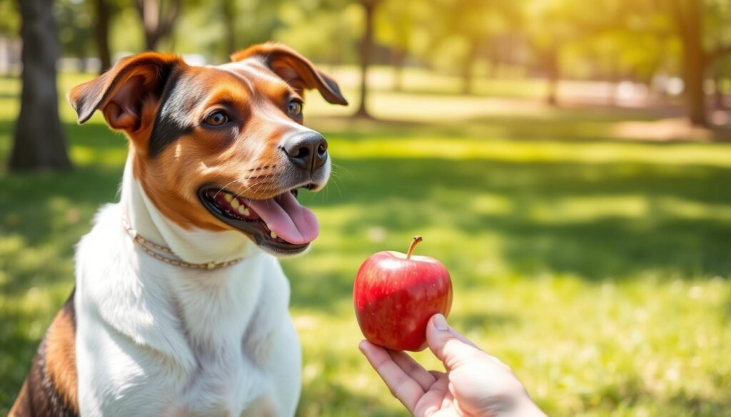 Hund mit Apfel als Belohnung