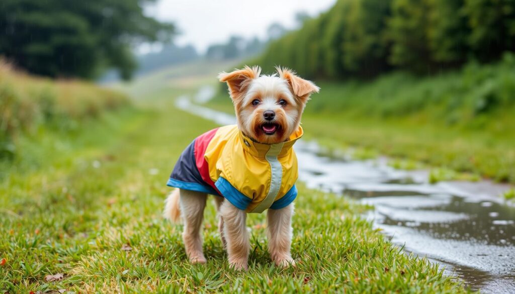 Hund mit Regenmantel