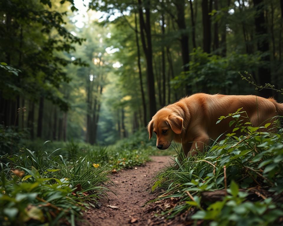 Hund auf Waldspaziergang Sicherheit