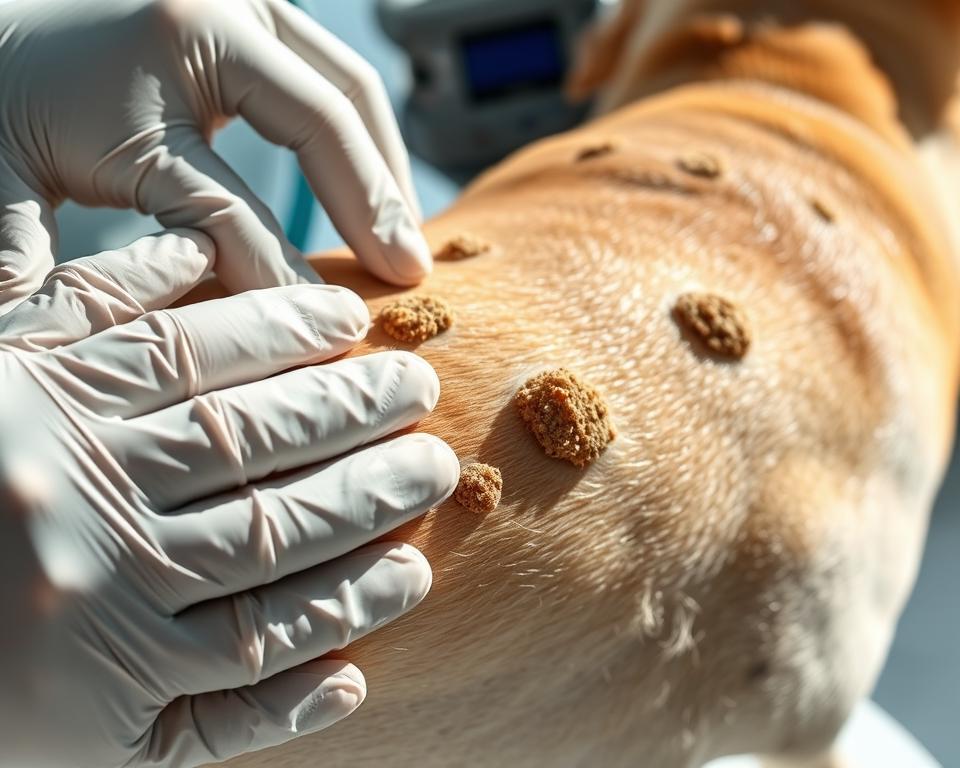 Tierärztliche Untersuchung von Hundewarzem