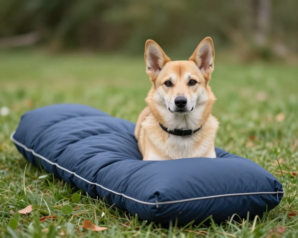 Hund mit Hundeschlafsack im Freien