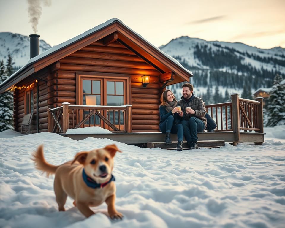 A cozy, pet-friendly accommodation near a ski resort, featuring a rustic wooden cabin nestled in a snowy landscape. In the foreground, a friendly dog joyfully plays in the fluffy, white snow, with a picturesque mountain backdrop. The cabin has a warm, inviting ambiance, with a smoke curling from the chimney and fairy lights illuminating the porch. In the middle ground, a couple in modest casual clothing relaxes on the deck with cups of steaming cocoa, smiling at their playful pet. Soft, golden hour lighting casts a warm glow, creating a serene and welcoming atmosphere. Snowflakes gently fall, adding to the peaceful winter charm of the scene. The overall mood is warm and joyful, perfect for a winter vacation with pets.