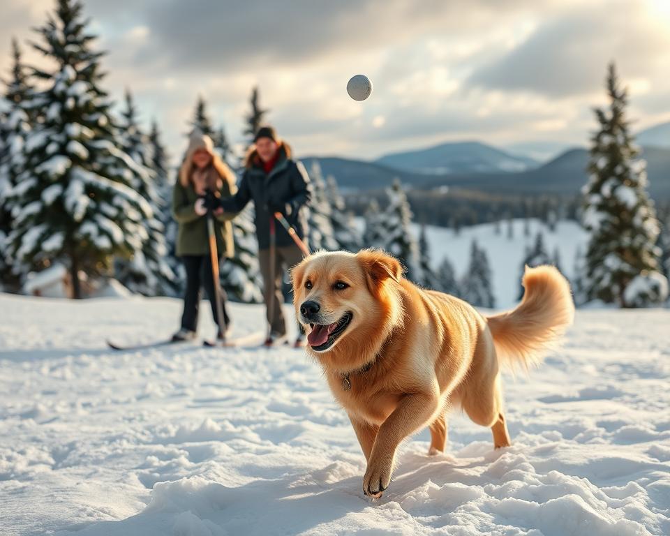 A cozy winter scene showcasing a variety of activities featuring a dog in a snowy landscape. In the foreground, a cheerful Golden Retriever is playfully bounding through the snow, its fur illuminated by the soft golden light of a late afternoon sun. The middle ground includes a couple enjoying skiing together, dressed in warm winter attire, laughing as they take turns tossing a snowball for the dog to chase. The background features snow-laden pine trees and distant mountains, with soft, fluffy snowflakes gently falling from a cloudy sky. The atmosphere is joyful and inviting, capturing the essence of fun and relaxation during a ski vacation with a beloved pet. Use a warm color palette and a slightly blurred focus for a dreamy effect, emphasizing the playful bond between the dog and its owners.