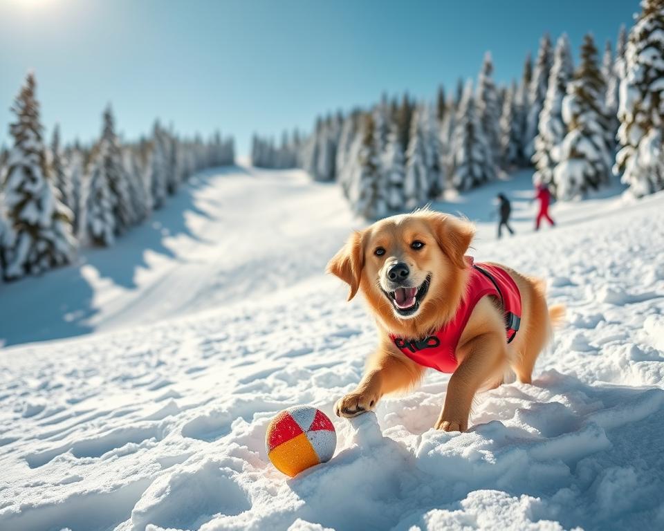 A picturesque snowy ski slope with a focus on a joyful dog, a fluffy Golden Retriever, wearing a bright red safety vest, frolicking through the glistening snow. In the foreground, the dog plays with a colorful snowball, capturing the essence of fun and safety in a winter landscape. The middle ground showcases a winding ski path lined with snow-covered pine trees, with skiers in the distance navigating the slope. A clear blue sky illuminates the scene, creating a bright and cheerful atmosphere. The angle of the image is slightly elevated, giving a broad view of the slope while focusing on the playful dog in the forefront. The lighting is bright and natural, highlighting the sparkling snow and creating a sense of adventure and companionship in a winter setting.