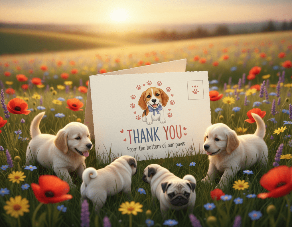A beautifully designed thank you card featuring adorable puppies in a vibrant and heartwarming scene. In the foreground, several playful puppies of various breeds, such as Golden Retrievers and Pugs, are frolicking amidst colorful flowers and a soft grassy field. The middle ground showcases a partially opened thank you card with a charming illustration of a puppy, surrounded by paw prints and heart motifs. In the background, a gentle sunset casts warm, golden light over the scene, creating a cozy atmosphere. The image should evoke feelings of joy and gratitude, capturing the essence of personalized puppy-themed thank you cards for every occasion. The overall style should be bright, cheerful, and inviting, with soft focus and a depth of field effect to emphasize the puppies and card in the foreground.