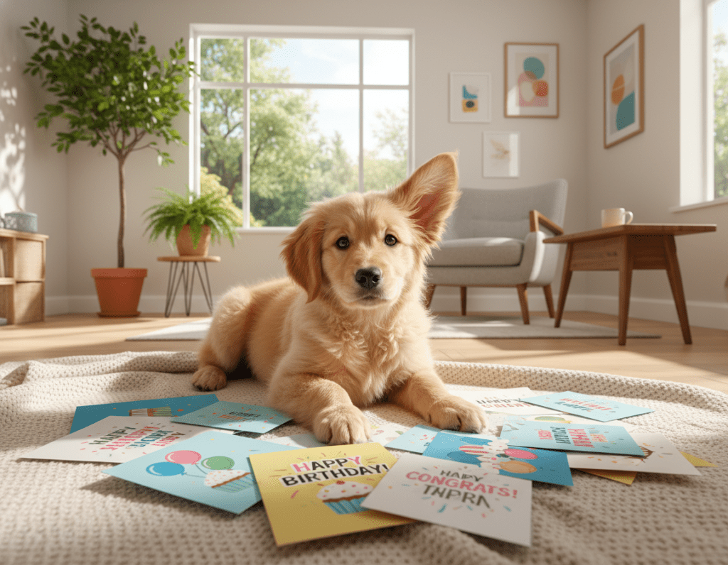 A charming scene featuring a playful puppy with soft, fluffy fur and bright, expressive eyes. The puppy is lying on a cozy blanket in the foreground, its ears perked up in curiosity. Surrounding the puppy are colorful greeting cards with vibrant designs featuring various occasions, like birthdays and celebrations. In the middle ground, a warm, sunny window illuminates the scene, casting soft shadows and providing a gentle, inviting atmosphere. The background consists of a well-decorated living room with simple, elegant furnishings and potted plants that add a touch of greenery. The overall mood is joyful and heartwarming, evoking the love and companionship that puppies bring. Use natural daylight to enhance the softness of the image and create a welcoming ambiance.