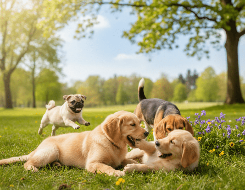 A charming scene featuring several adorable puppies playing together in a lush green park. In the foreground, two fluffy golden retriever puppies are playfully tumbling over each other, their soft fur glistening under the warm sunlight. In the middle, a curious beagle puppy is sniffing around colorful wildflowers, while a small, energetic pug jumps joyfully nearby. In the background, a serene park setting with gentle trees and a soft blue sky creates a tranquil atmosphere. The image captures the essence of happiness and innocence, evoking a sense of warmth and joy. Soft, natural lighting enhances the playful mood, and the overall composition is balanced, inviting the viewer to share in the delight of these special moments with puppies.
