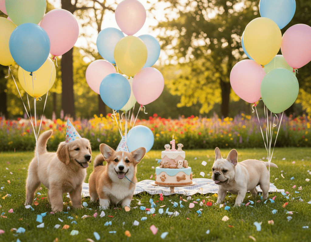A cheerful scene featuring adorable puppies celebrating a birthday. In the foreground, three playful puppies of different breeds, including a Golden Retriever, a Corgi, and a French Bulldog, are surrounded by colorful birthday balloons and confetti. The middle ground showcases a beautifully decorated birthday cake with puppy-themed decorations, with a sunny outdoor park in the background filled with lush green grass and blooming flowers. Soft, diffused sunlight creates a warm, inviting atmosphere, enhancing the joy of the moment. The angle captures the puppies' playful expressions as they interact with the decorations, emphasizing a sense of fun and celebration. The overall mood is light-hearted, cheerful, and perfect for conveying birthday wishes.