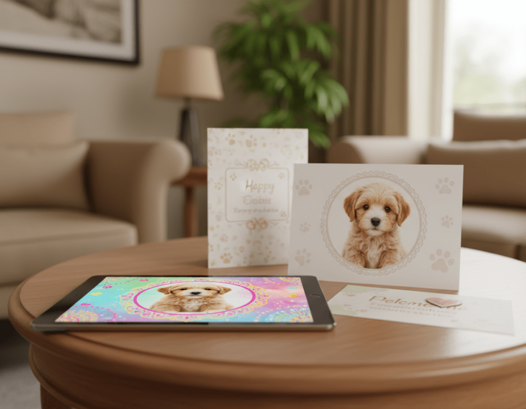 A cozy, inviting scene featuring a mix of digital greetings and printed cards adorned with adorable puppy illustrations. In the foreground, a close-up of a whimsical, colorful digital welcome card with a playful puppy graphic, bright colors, and decorative elements. Next to it, a beautifully styled printed card showcasing a sweet, fluffy puppy, surrounded by soft paw prints and hearts. In the middle ground, an elegant wooden table serves as a backdrop, slightly blurred for focus. The background gently fades into a warm, softly lit living room with a hint of greenery from indoor plants, creating a serene atmosphere. The overall mood is cheerful and heartwarming, evoking the joy of sharing puppy-themed greetings for every occasion.