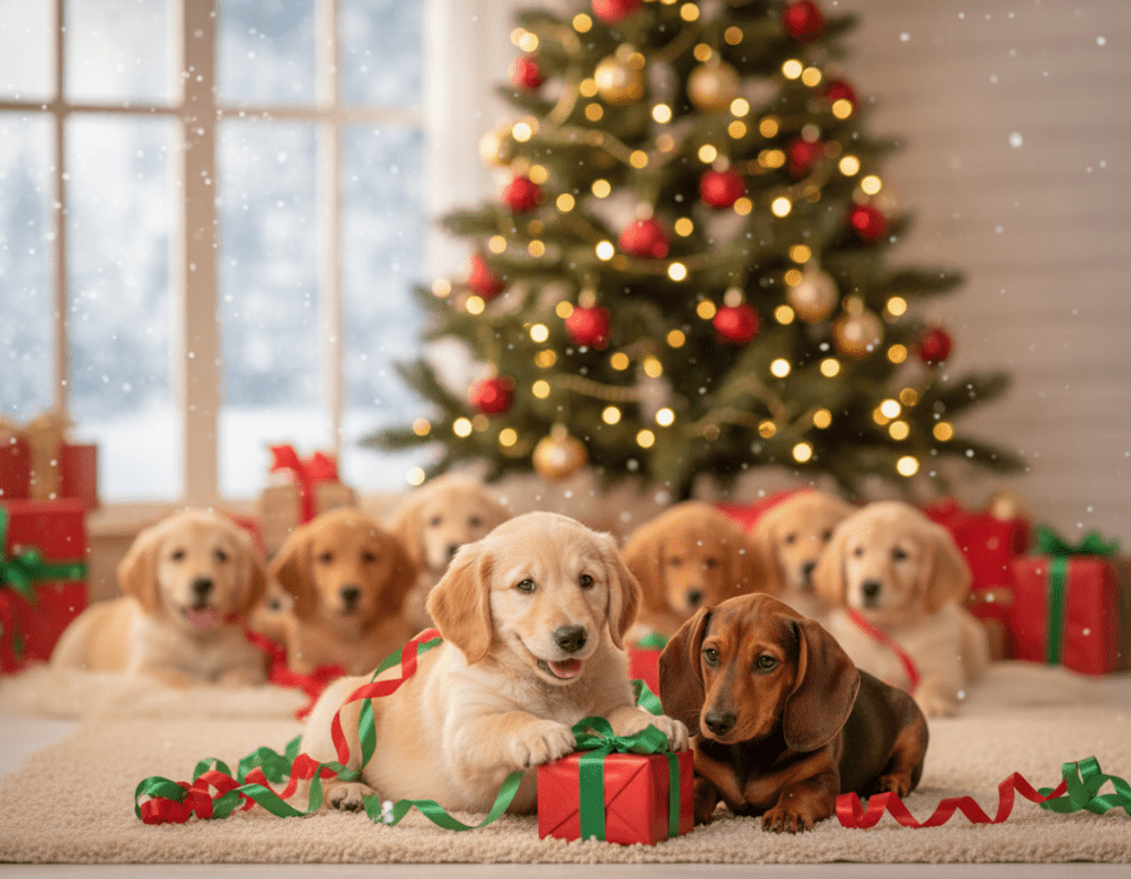 A cozy winter scene featuring a group of adorable, fluffy puppies nestled together, playfully tangled in festive red and green ribbons. In the foreground, two particularly charming puppies—one golden retriever and one dachshund—are playfully pawing at a small red gift box, their expressions full of joy and curiosity. The middle of the composition showcases a beautifully decorated Christmas tree adorned with twinkling lights and shiny ornaments, creating a warm, inviting atmosphere. Soft, diffused golden lighting casts a gentle glow over the scene, evoking feelings of love and celebration. In the background, snow softly falls outside a frosted window, hinting at a winter wonderland. The overall mood is cheerful, heartwarming, and perfect for the holiday season.