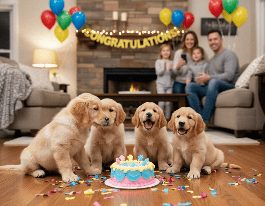 A heartwarming scene featuring a group of adorable puppies celebrating various life events. In the foreground, playful golden retriever puppies are gathered around a decorated cake, with colorful confetti scattered around them. One puppy playfully tries to take a bite of the cake, while another is joyfully barking. In the middle background, a cozy living room adorned with balloons and a "Congratulations" banner sets a festive atmosphere. The soft, warm lighting creates a cheerful and inviting mood. In the far background, a family of smiling people in modest casual clothing watches the scene, capturing the essence of joy and celebration. The image should be captured with a shallow depth of field to focus on the puppies, with a slightly blurred background, all in vibrant colors.