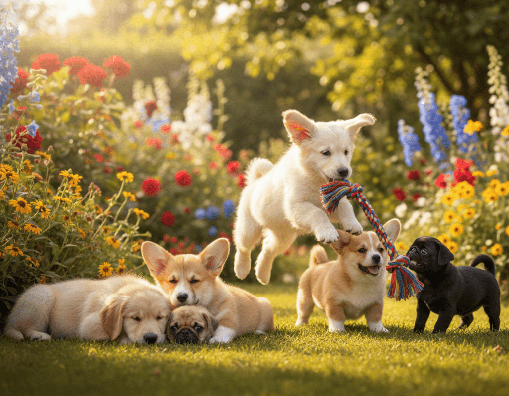 A heartwarming scene featuring adorable, fluffy puppies of various breeds, such as Golden Retrievers, Corgis, and Pugs, playfully interacting in a sunlit garden. In the foreground, a group of three puppies is nestled together, with their soft fur glistening in the warm sunlight. In the middle ground, a playful puppy leaps joyfully, while another gently tugs on a colorful toy. The background is a vibrant garden filled with blooming flowers and lush greenery, creating a cheerful atmosphere. The sunlight filters through the leaves, casting a soft, warm glow, evoking feelings of joy and warmth. The image captures the innocence and charm of puppies, making them the perfect ambassadors of greetings for any occasion.