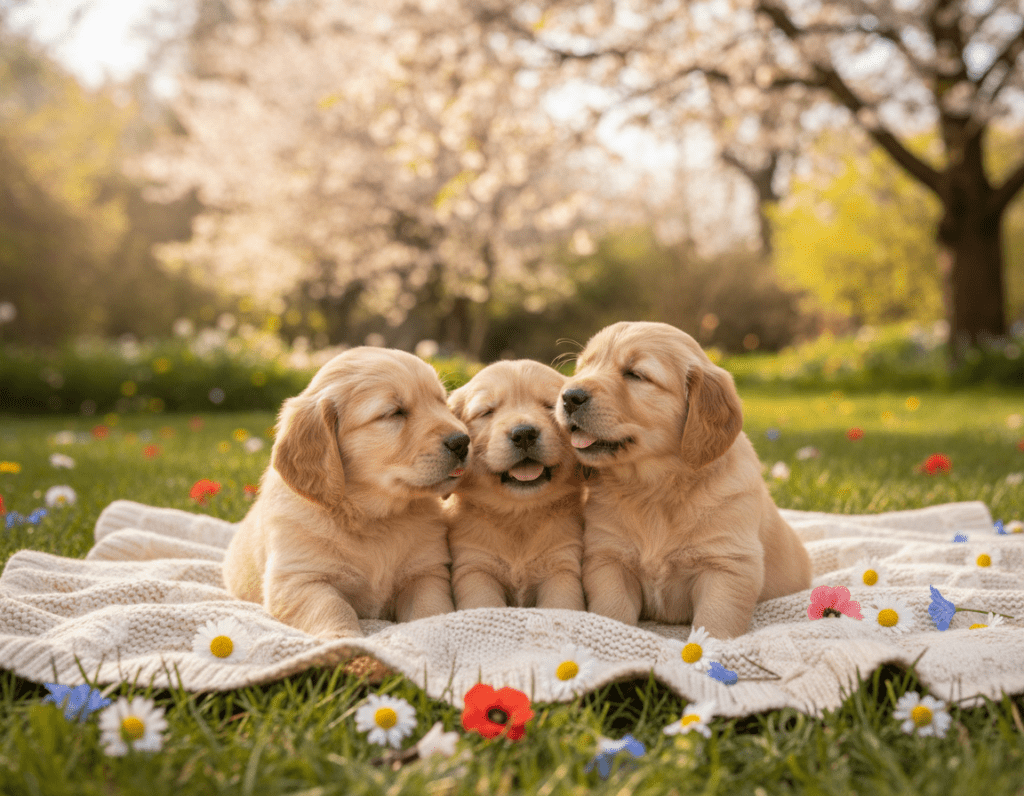 A heartwarming scene featuring adorable puppies in a serene setting, capturing the essence of comfort and joy. In the foreground, three fluffy golden retriever puppies playfully nuzzle each other, their soft fur glistening in the gentle sunlight. The middle ground includes a cozy blanket arranged on lush green grass, with a few scattered colorful flowers adding a touch of cheerfulness. In the background, a peaceful garden filled with blooming trees and dappled sunlight filtering through the leaves creates a tranquil atmosphere. Use soft, natural lighting to enhance the warmth of the scene, focusing on a slightly blurred background to draw attention to the puppies. The mood should evoke feelings of tenderness and solace, perfect for conveying comforting messages.