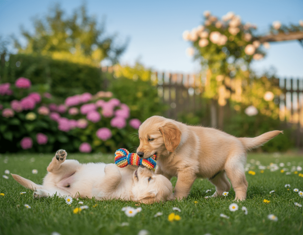 A playful scene featuring adorable Golden Retriever puppies, with soft, fluffy fur in varying shades of gold. In the foreground, a couple of puppies are playfully interacting with each other, one on its back with paws in the air and another nibbling on a colorful toy. The middle ground showcases a gentle grassy area, dotted with daisies, creating a bright and cheerful atmosphere. In the background, a serene, sunlit garden with soft foliage and a blue sky enhances the joyful mood. The scene is bathed in warm, natural light, accentuating the puppies' playful expressions. The composition is captured with a slight depth of field, focusing on the puppies while softly blurring the background. The overall feeling is inviting, heartwarming, and perfect for conveying messages of joy and affection.